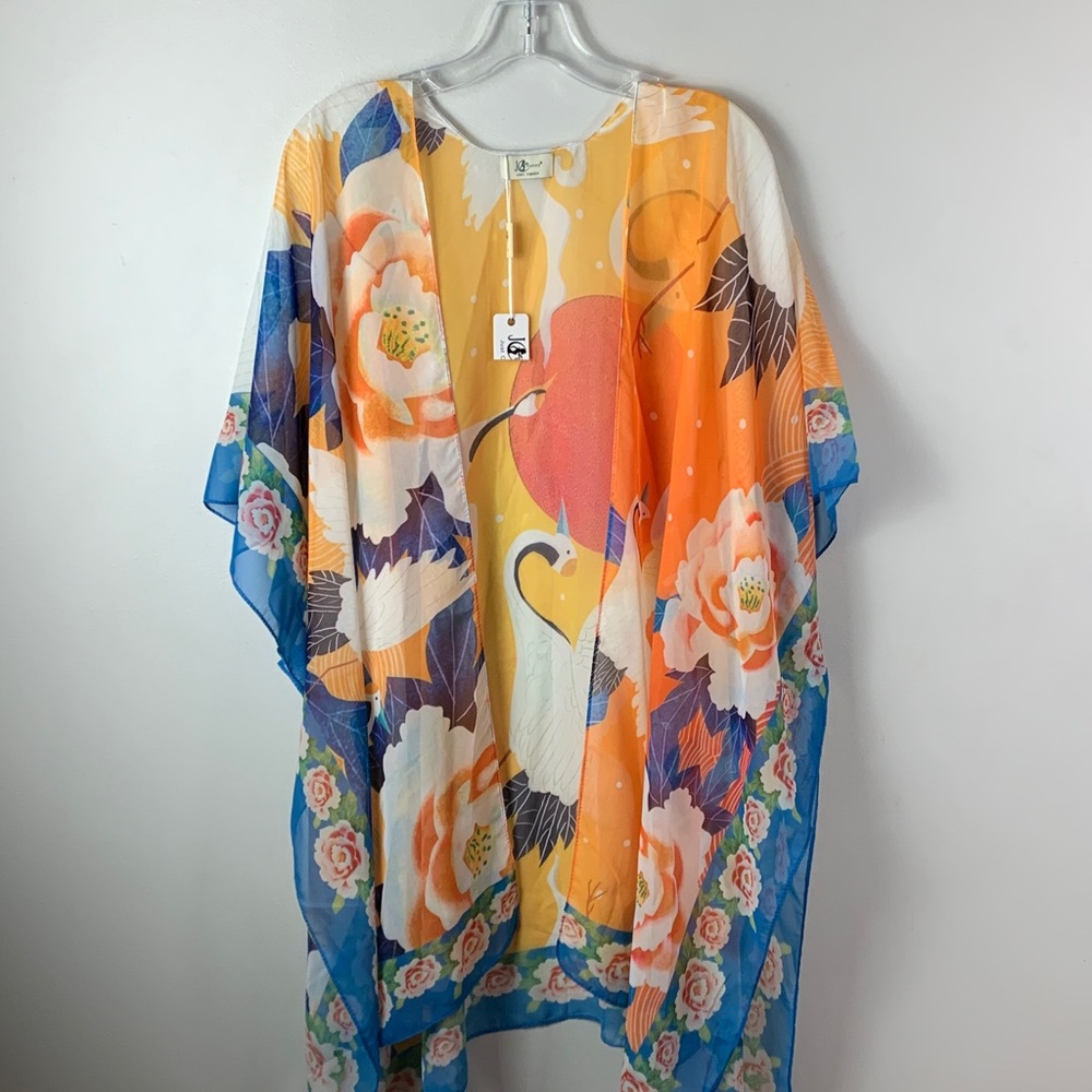 JC Sunny Floral Crane Kimono with Vibrant Colors NEW!